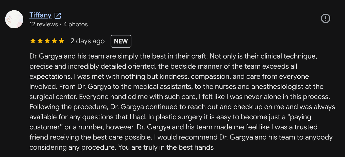 Tiffany’s five-star facelift, Ballerina Breast Augmentation, and tummy tuck review for Dr. Vipul Gargya in Tampa, Florida.